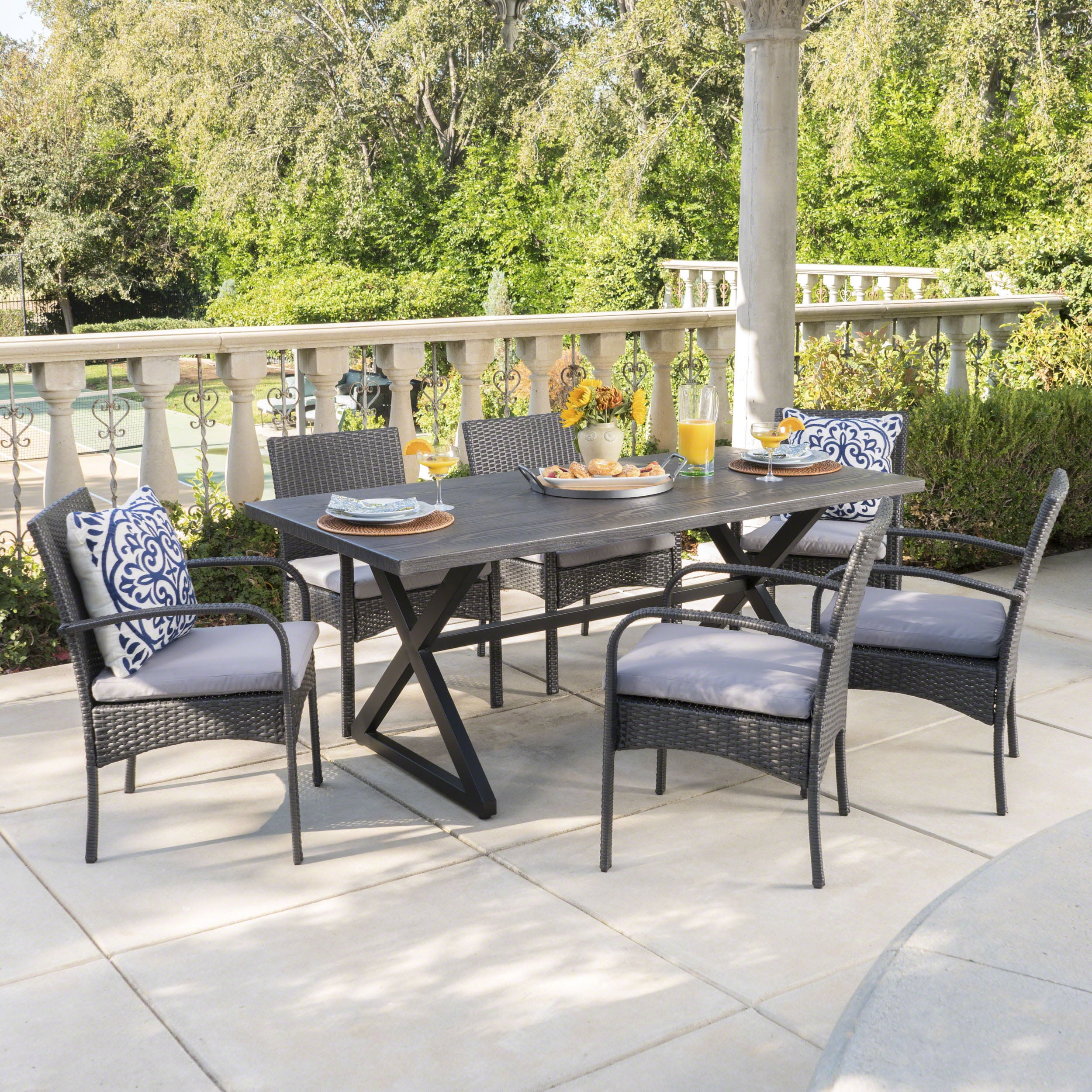 Ashley Outdoor 7 Piece Grey Aluminum Dining Set with Grey Wicker Dining ...