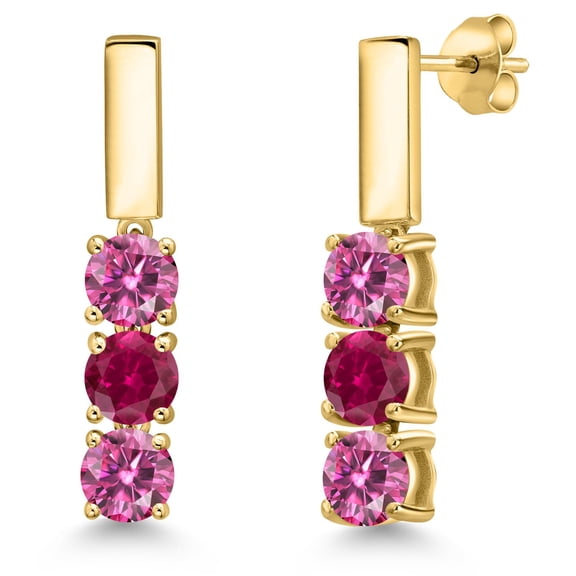Gem Stone King 18K Yellow Gold Plated Silver Pink Moissanite and Red Created Ruby Drop Dangle Earrings for Women | 1.60 Cttw | Gemstone Birthstone | Round 5MM