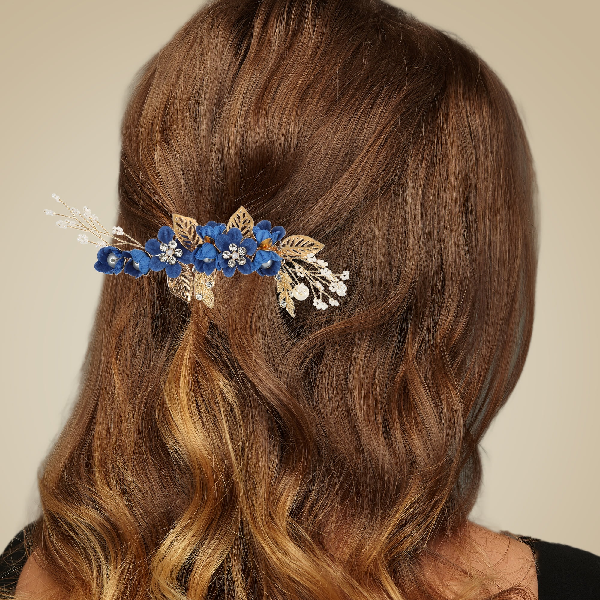 Unique Bargains 4 Pcs Rhinestone Hair Comb for Bride Flower Side Comb Headpiece Deep Blue