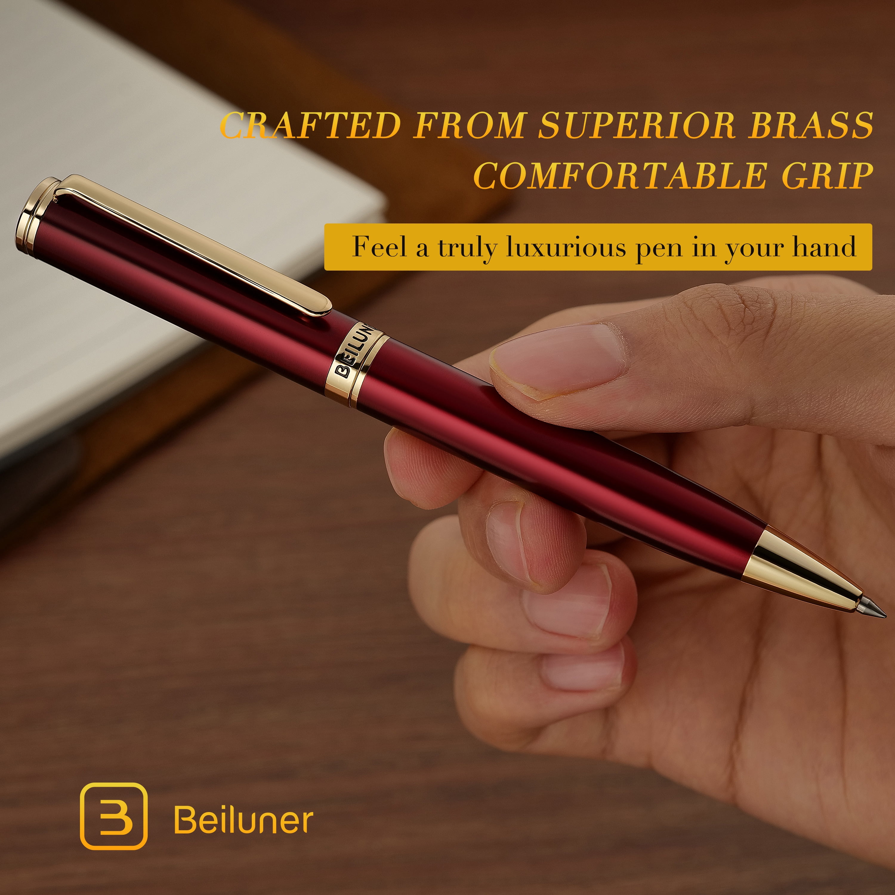 BEILUNER Luxury Gel Pens, Wine Red Pen Barrel with 24K Gold Trim, Classic Leather Box-Best Pen Gift Set for Men & Women Professional, Executive, Office, Retractable, Nice Fancy Designer Pens