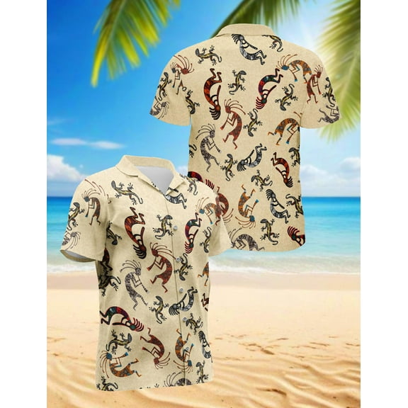 Kokopelli Hawaiian Shirt for Men, Button Down Summer Beach Short Sleeve, Vintage Style, Sizes S-5XL
