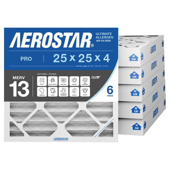 Aerostar 25x25x4 MERV 13 Pleated Air Filter, 6 Pack, Furnaces Filter, HVAC Filter