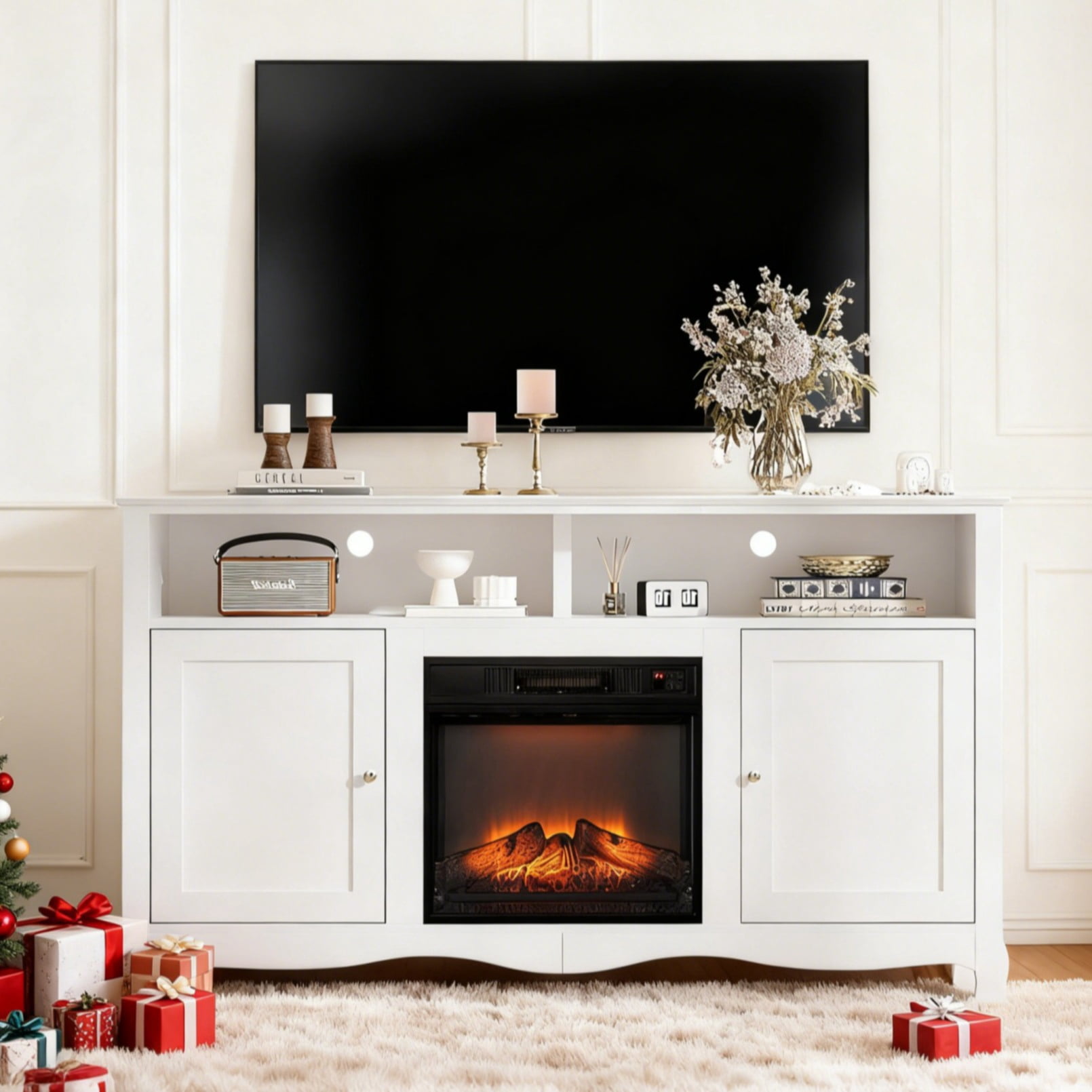 Ktaxon Modern Fireplace TV Stand, White Entertainment Center Curved Design Leg with 2 Doors for 55/60/65" TVs, White