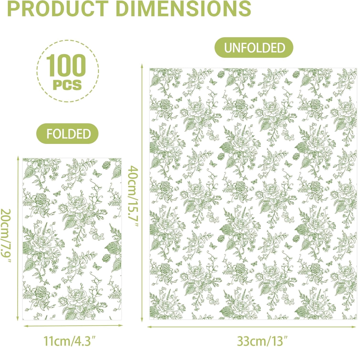 100 PCS Green Disposable Hand Towels, Decorative Flower Guest Napkins, 3 Ply Chinoiserie Green Floral Napkin Home Party Guest Bathroom Napkin Bridal Shower Wedding, Decorative Napkins