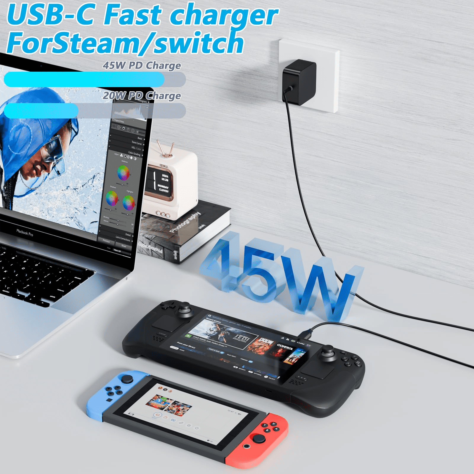 xzyuan 45W Steam Deck Charger Also for Nintendo Switch AC Adapter with 5.7Ft USB Type C Power Cord