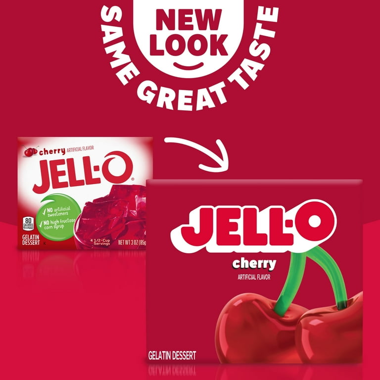 Jell-O Cherry Flavored Gelatin Dessert Mix, 3 oz Box, 80 Calories