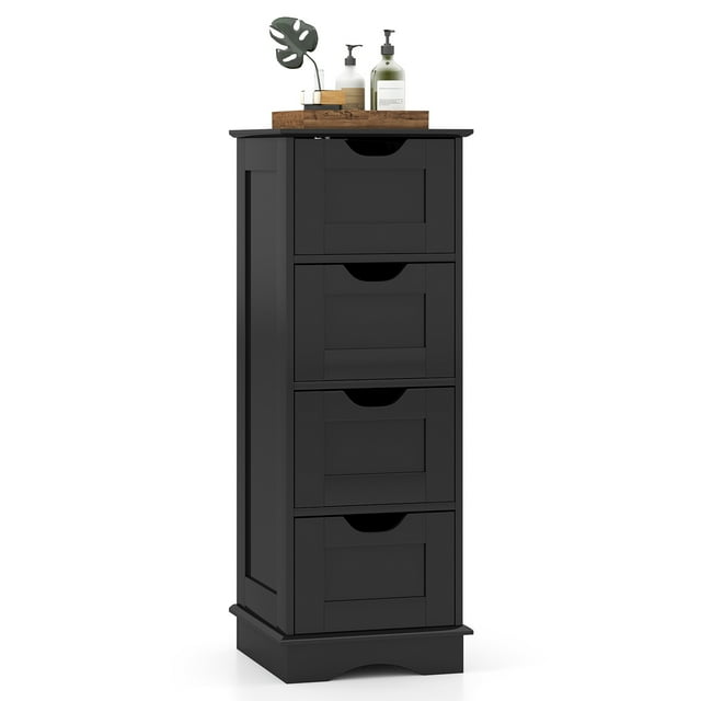 Gymax 4-Drawer Bathroom Cabinet w/Cut-out Handles Anti-toppling Device Narrow Entryway Black