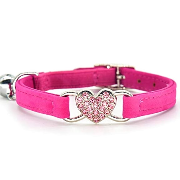 Miaocao Pink Soft Velvet Safe Cat Adjustable Collar with Crystal Heart Charm and Bells 8-11 Inches(Black Red Pink Blue)