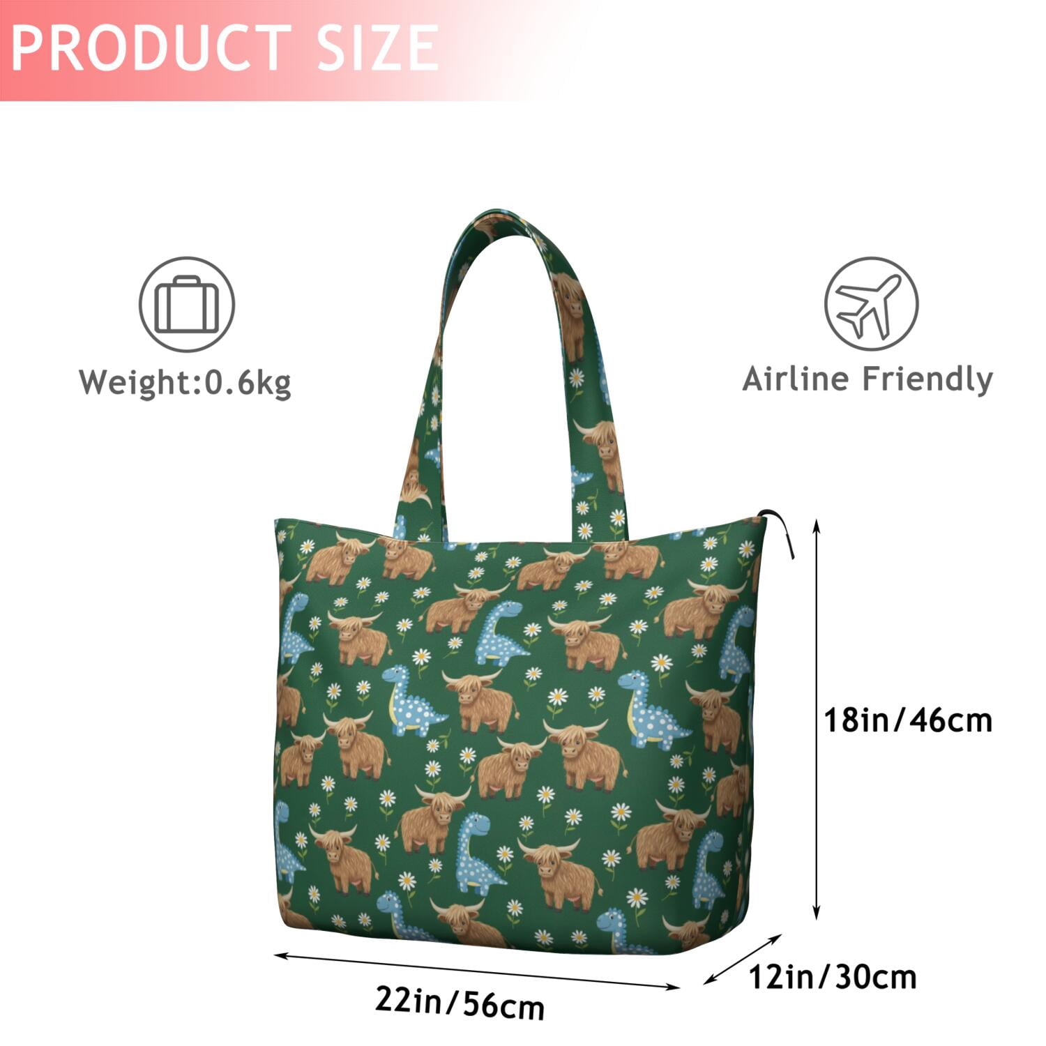 Green Highland Cow Dinosaur Pattern Travel Tote Bags for Women Carry On,Large Weekender Bags for Women Travel,Multi Functional Duffle Bag for Work,Shopping,Sports