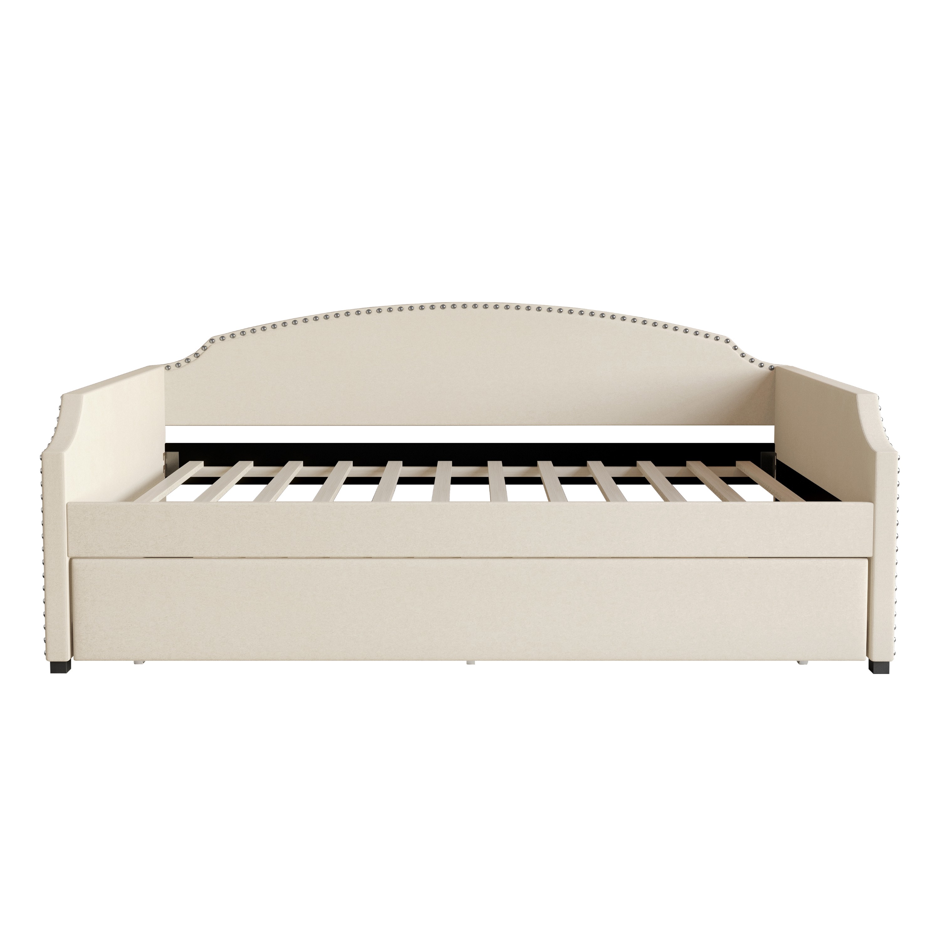 Home Design Kilgore Twin Daybed, Beige Velvet, Scooped Backrest, Chrome Nailhead Trim, Foam Padding, Pull-Out Trundle for Stylish Seating & Sleeping