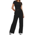 thumbnail image 2 of FEORJGP Women Summer Pants Outfits Solid Color Short Sleeve T-Shirts Crew Neck Shirt Slim Cropped Tops Drawstring Elastic Waist Long Pants Ladies Casual Fashion Simply 2 Pieces Clothes Set Streetwear, 2 of 7