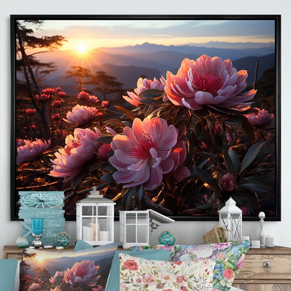 Designart "Dusk'S Pink Floral Tapestry" Rhododendron Floater Framed Wall Art Prints