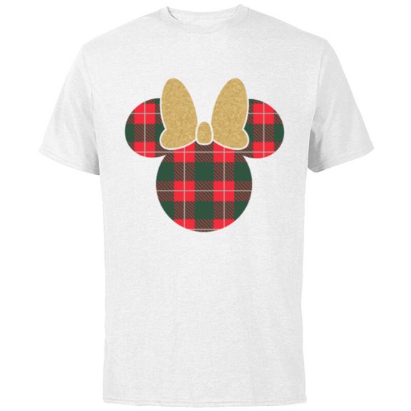 Disney Minnie Mouse Icon Holiday Plaid & Gold Bow - Short Sleeve Cotton T-Shirt for Adults - Customized-White