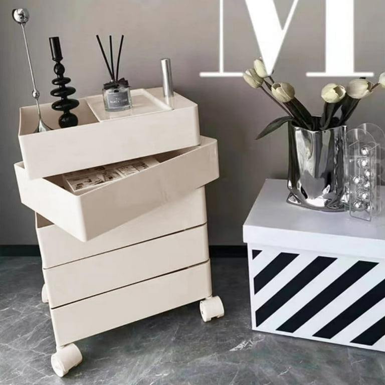 360° Rotating 5-Tier Drawer End Table With Wheels & Lock - ABS Modern Bedside Table For Bedroom, Living Room, Office, Yellow