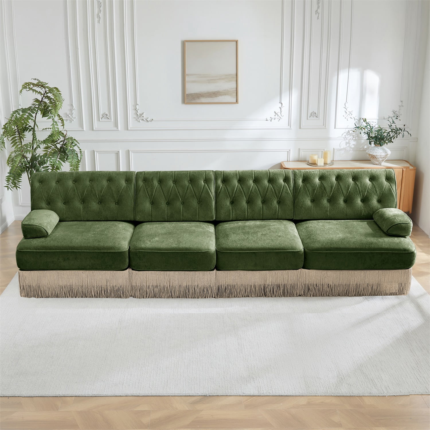 Hommoo 4-Seater Chesterfield Style Velvet Fabric Sofa Couch set, Tufted Button Upholstered Design and Floor-grazing Tassel, Free Combination Sectional Sofa, for Home, Green