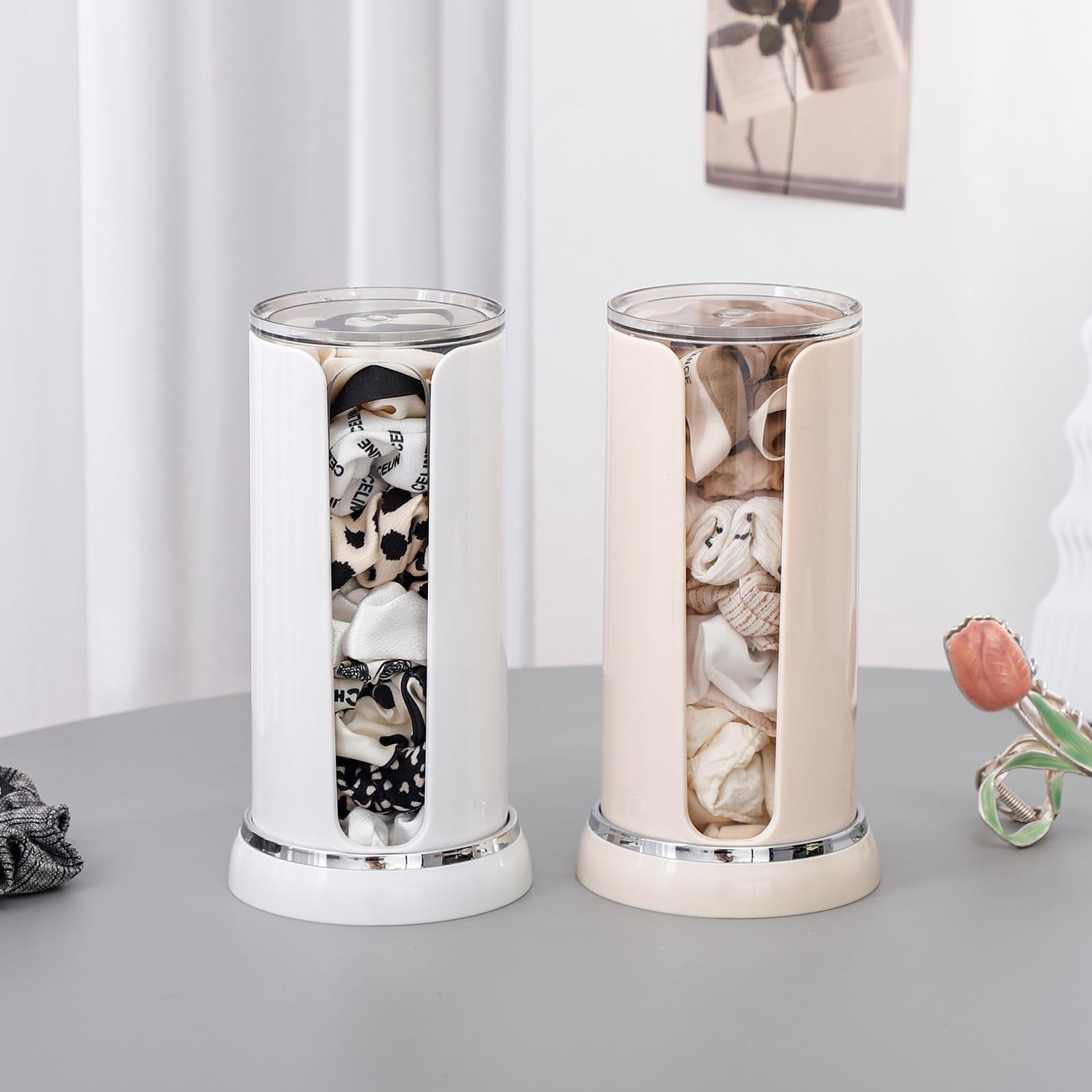 CHUNYAN Plastic Portable Scrunchie Holder, Double Barrel Design Hair Tie Accessories Stand, Clear Bathroom Jars for Scrunchie, Hair Accessory, Round Cotton Pads
