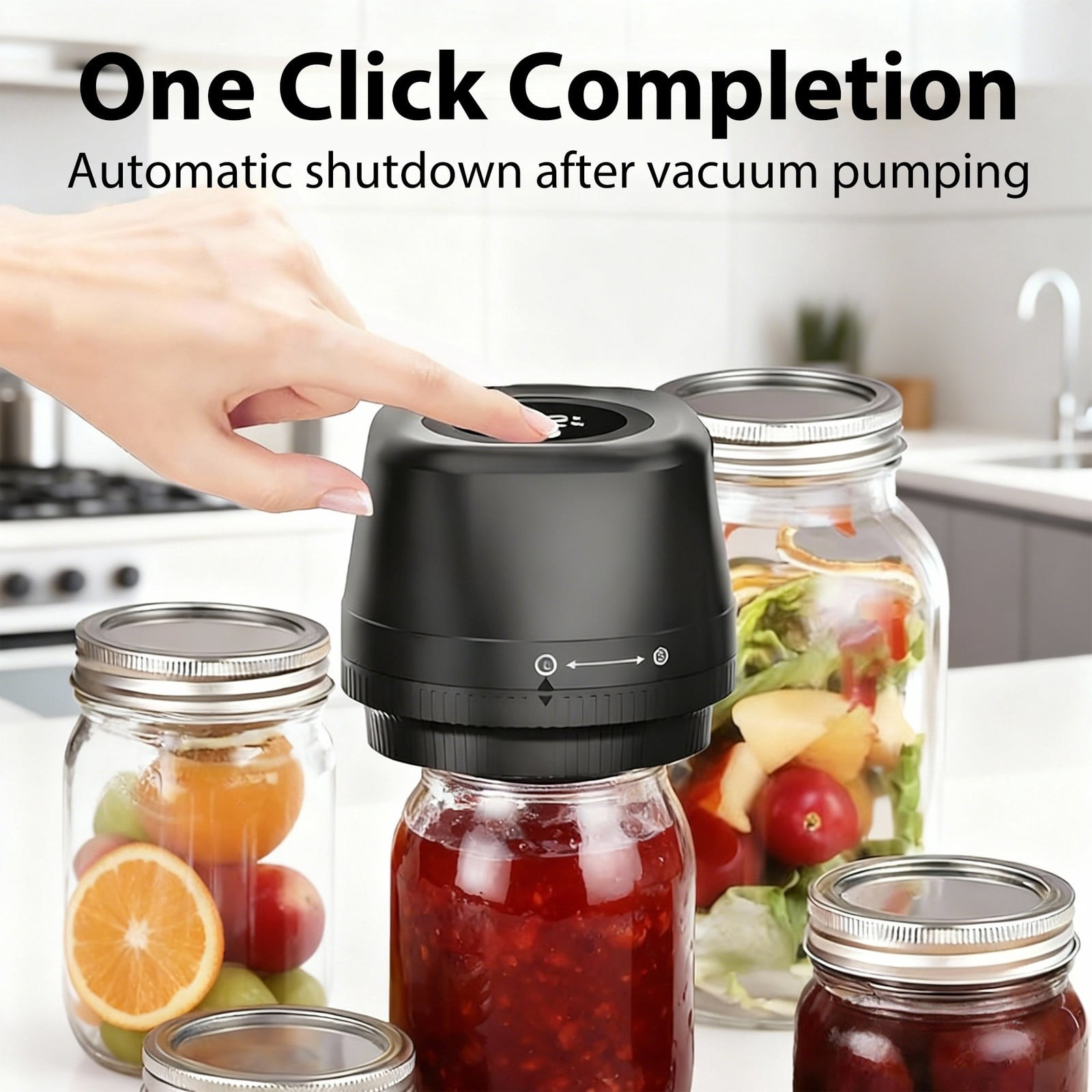 4-in-1 Rechargeable Vacuum Sealer for Mason Jars, Bags & Wine, Automatic Stop, LCD Display, Complete Food Preservation Kit with Pump and 10-Lids
