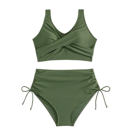 Womens Bikinis Summer Solid Color Spaghetti Strapbra And Panty Set High Waist Sexy Two Piece Tankini Swimsuits For Women Beachwear Green S