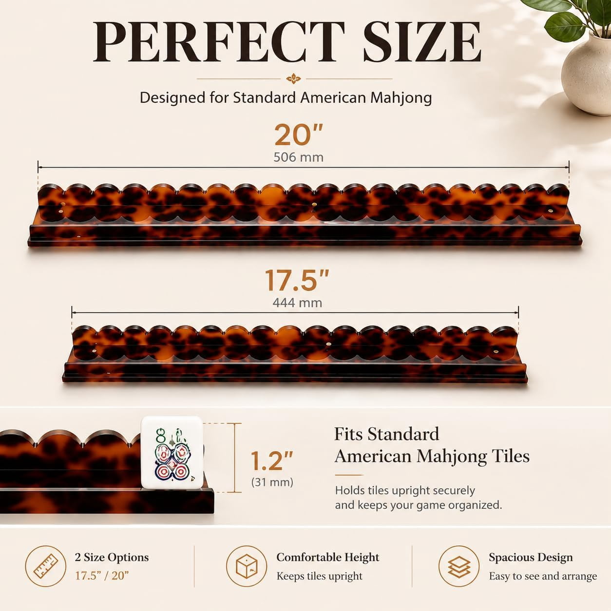 Scalloped Mahjong Racks with Magnetic Pushers, 17.5"/20" Tortoise Shell Acrylic Mahjong Racks 1PCS / Set of 4, Thickened Non-Slip Acrylic American Mahjong Tile Racks