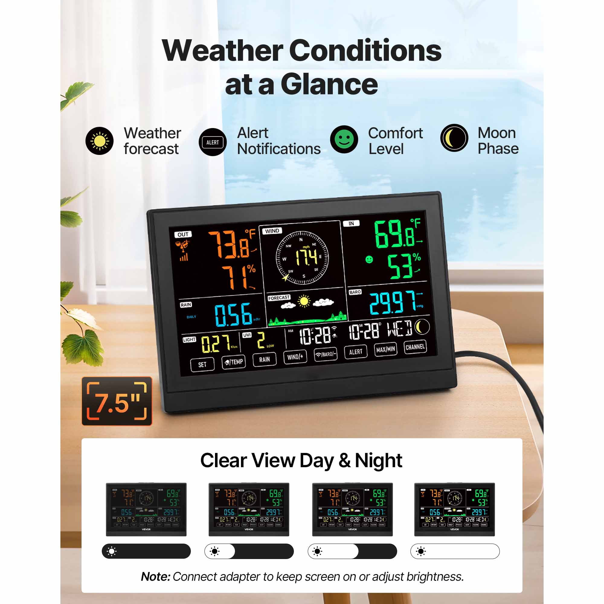 KFFKFF 7-in-1 Wi-Fi Weather Station with App, 7.5-Inch Display, Solar-Powered Outdoor Sensor, Includes Pool Thermometer, Rain Gauge, Indoor and Outdoor Monitoring for Weather Updates, Wind Speed