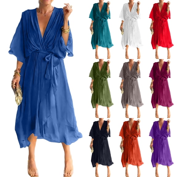 Laqbezok Women's Deep V-Neck Chiffon Dress, Elegant Batwing Sleeve Irregular Hem Midi Gown, Casual Loose Tie-Waist Flowy Party Outfit