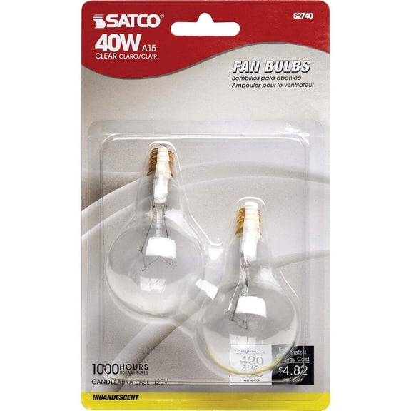 Satco S2740 - 40 watt A15 Incandescent; Clear; 1000 average rated hours; 420 lumens; Candelabra base; 120 volts; 2/Card