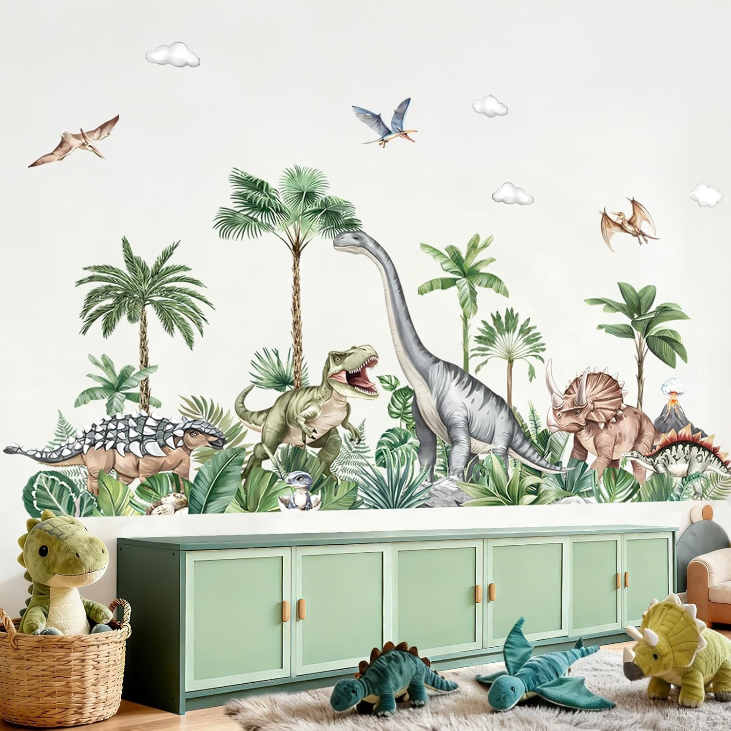 Large Dinosaurs Wall Decals Dino Animal Tropical Palm Tree Wall Stickers Living Room Baby Nursery Kids Room Home Decor(XXL)