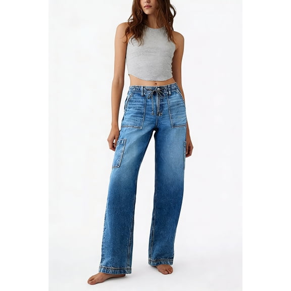 Women's High Rise Drawstring Wide Leg Cargo Jeans with Multi Pockets, Casual Denim Trousers