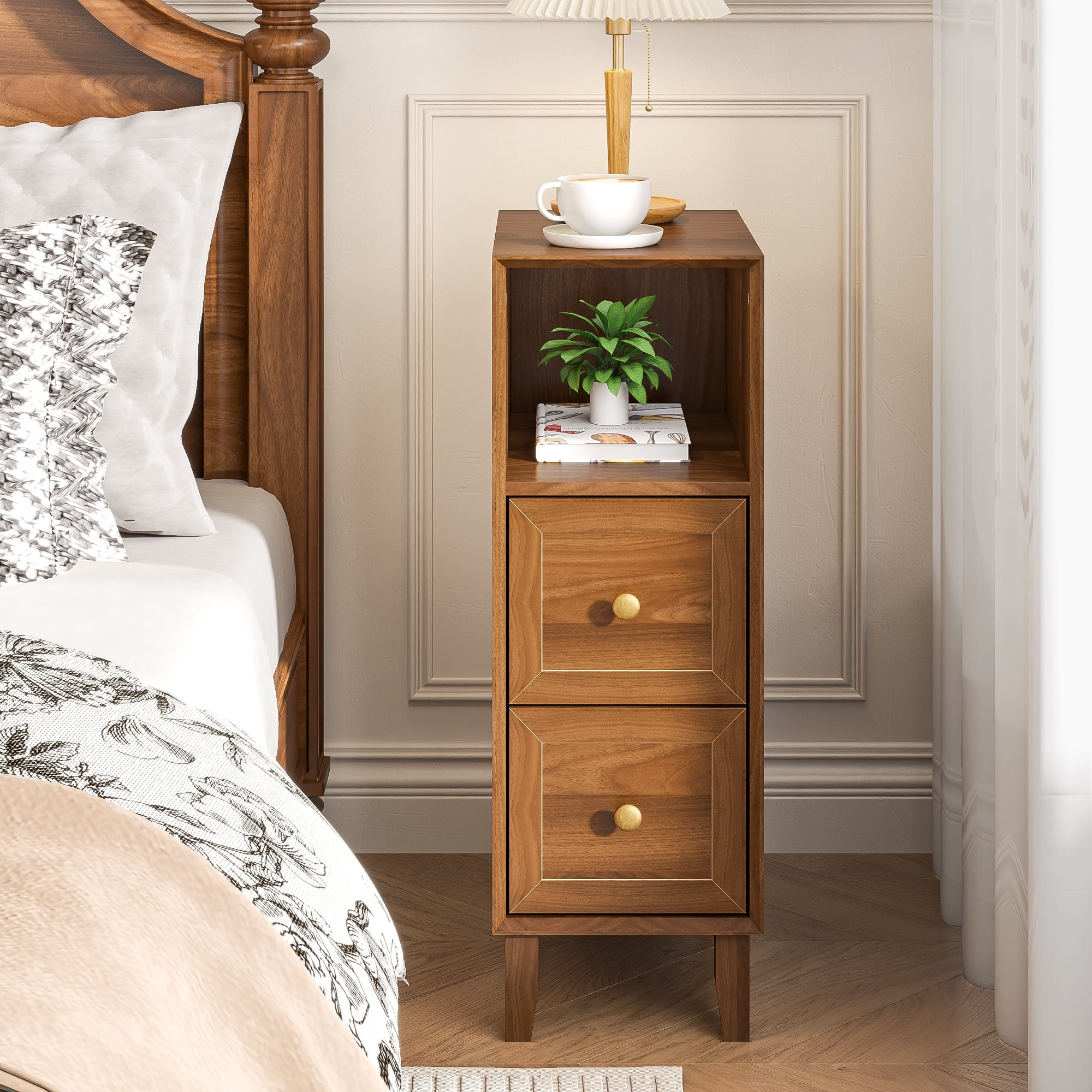 Narrow Nightstand Set of 2, Small 2 Drawer Nightstand, Skinny Vintage End Table, Mid Century Modern Night Stand for Living Room, Bedroom, Walnut