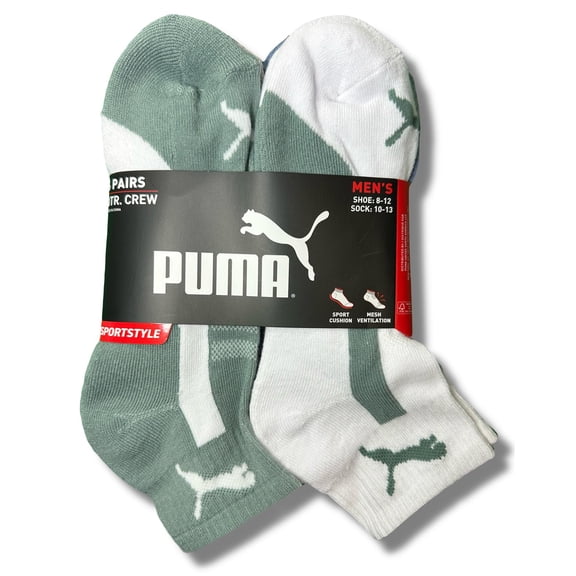 PUMA SOCKS MEN'S - QUARTER CUT - PIPE 253 - GREEN WHITE- LARGE (10-13) PACK 6 XX