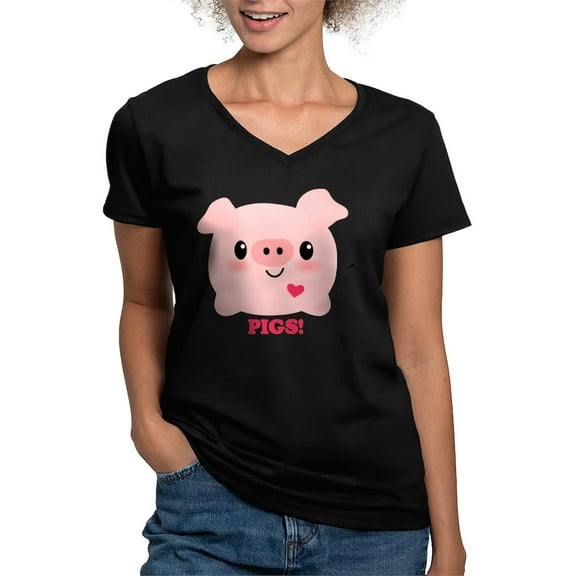 CafePress - Kawaii I Love Pigs Women's V Neck Dark T Shirt - Women's V-Neck Dark T-Shirt
