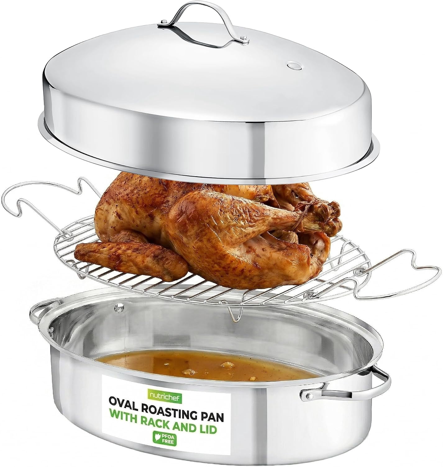 Nutrichef Oval Roasting Pan, Roaster with Polished Rack, Wide