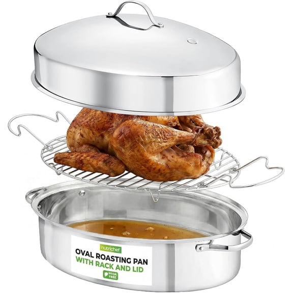 Nutrichef Oval Roasting Pan, Roaster with Polished Rack, Wide Handle and Stainless Steel Lid