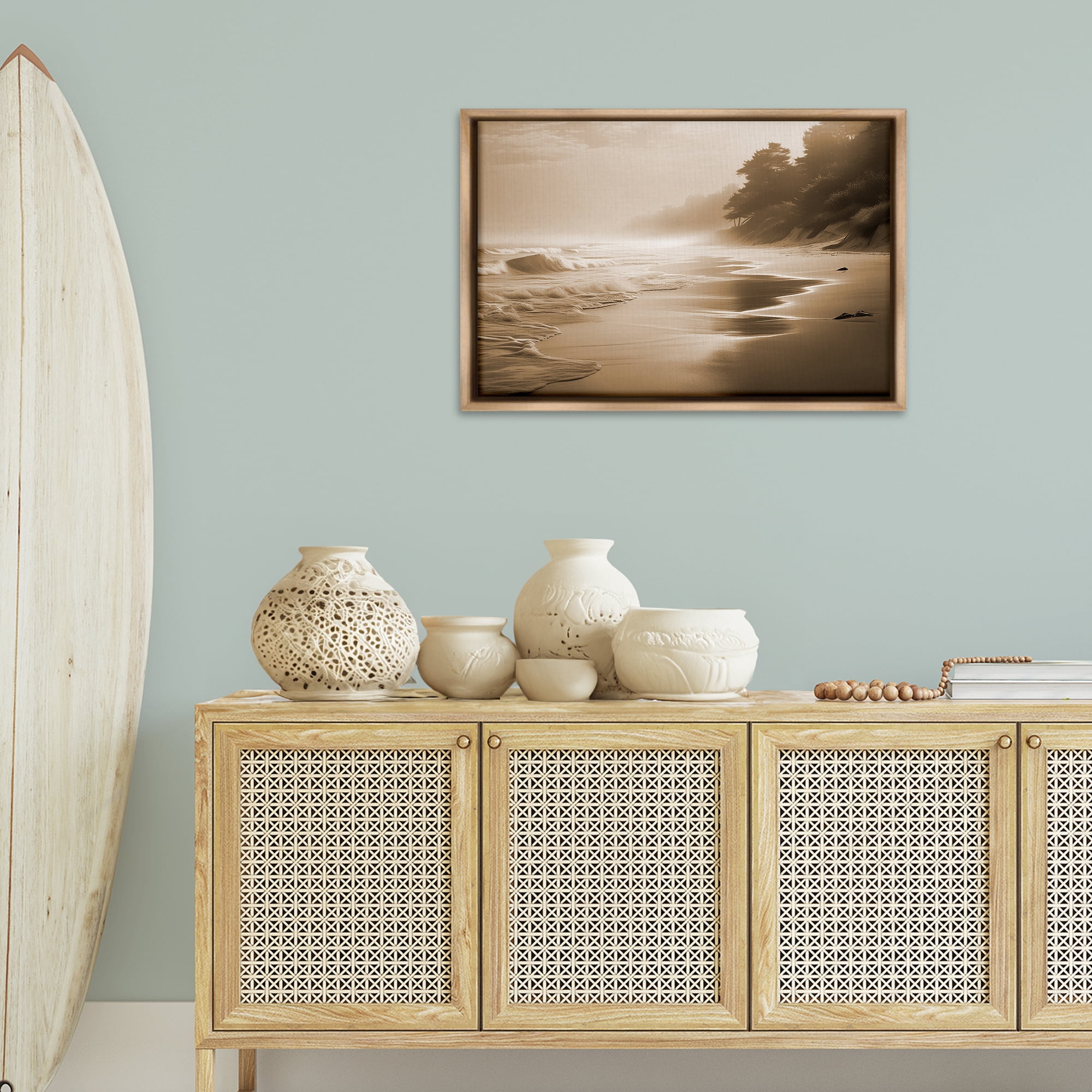 Stupell Industries Sepia Smooth Beach Landscape Landscape & Nature Photography Brown Floater Framed Canvas Art Print Wall Art, 31 x 21