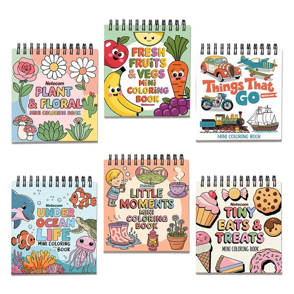 Various Themes Mini Coloring Book Spiral Bound for Adult, Pack 6, 3.5” x 3.5” Pocket Size, 40 Coloring Pages Stress & Anxiety Relief, Travel for Women Men