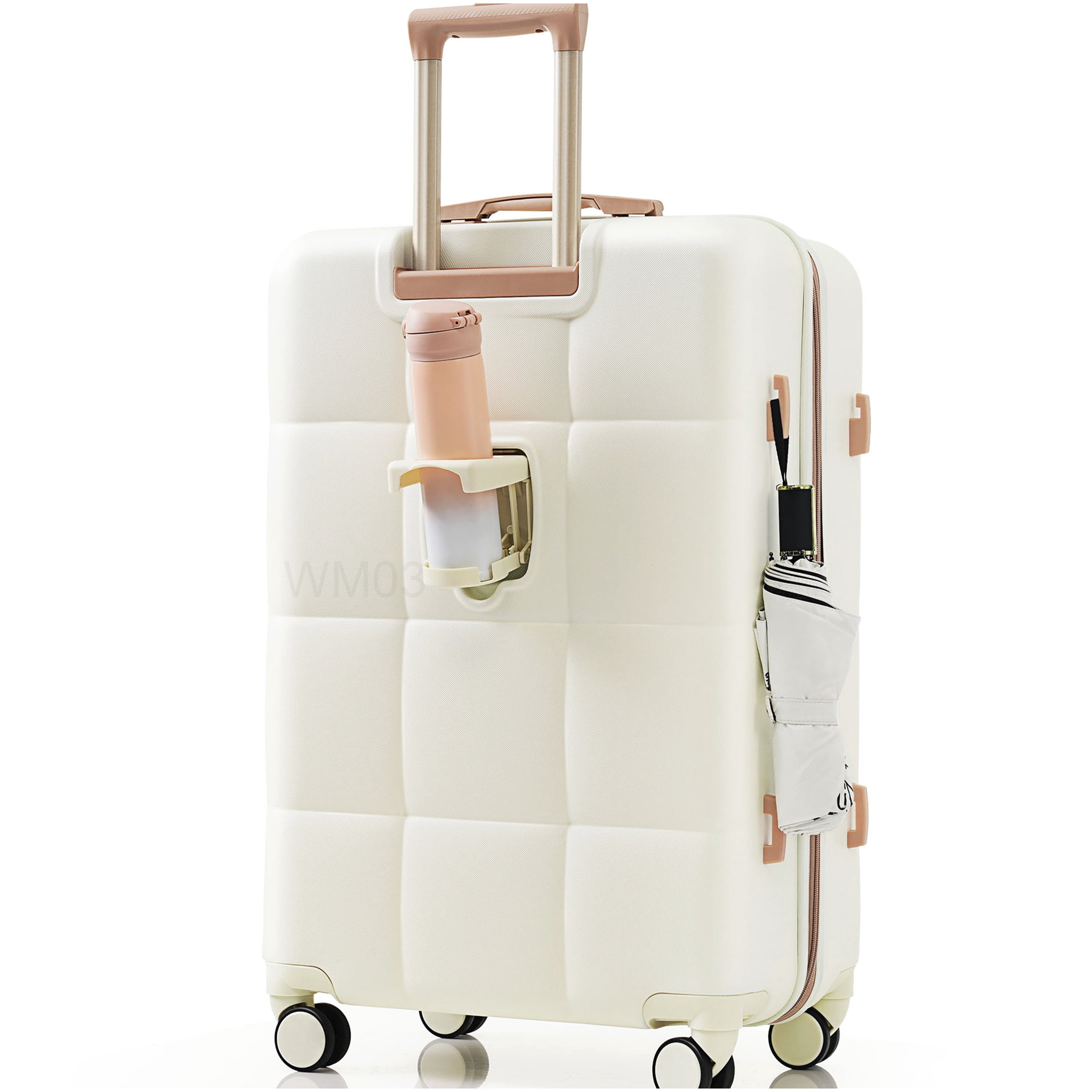 3-Piece Spinner Luggage Set with Cup Holder, ABS Hard Shell Airline Approved Suitcase in White and Gold