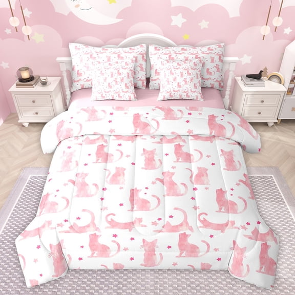 jejeloiu Kawaii Kitten 7-Piece Twin Bedding Sets,Cute Stars Print Bedding Comforter Set,Pink Cat Sheet Sets For Girls Teens,Super Cozy Room Decor Reversible