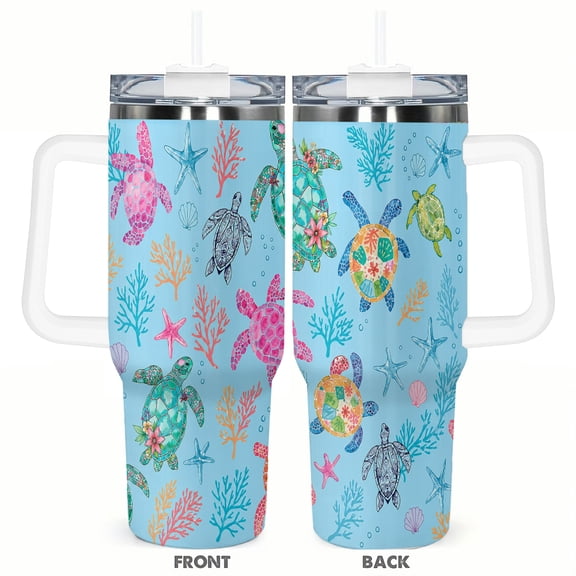 40oz Colorful Sea Turtle Tumbler with Handle and Straw Ocean Insulated Travel Coffee Cup Gift
