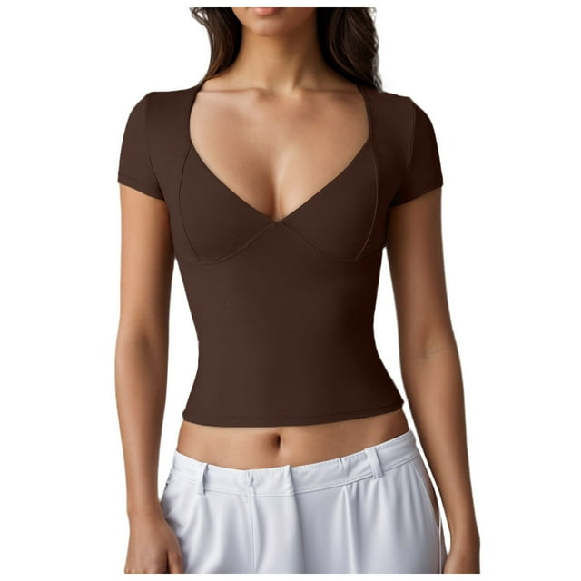 T-Shirt Aguichant à Manches Courtes Col en V pour Femmes - Tissu Hautement Extensible, Design à Coupe Flatteuse