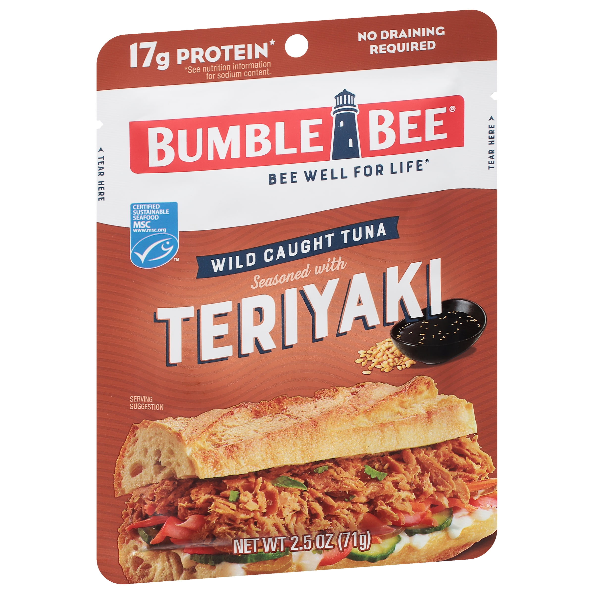 (12 pack) Bumble Bee Teriyaki Seasoned Light Tuna, Wild Caught, 17g Protein per Serving, Ready to Eat, Shelf Stable Pouch, 2.5 oz