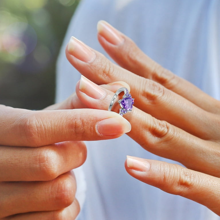 simu Stainless Steel Rings for Men Women Natural Amethyst Zirconia Silver Ring Fashion Wedding Heart Shaped Ring Jewellery Everyday Ring for Women