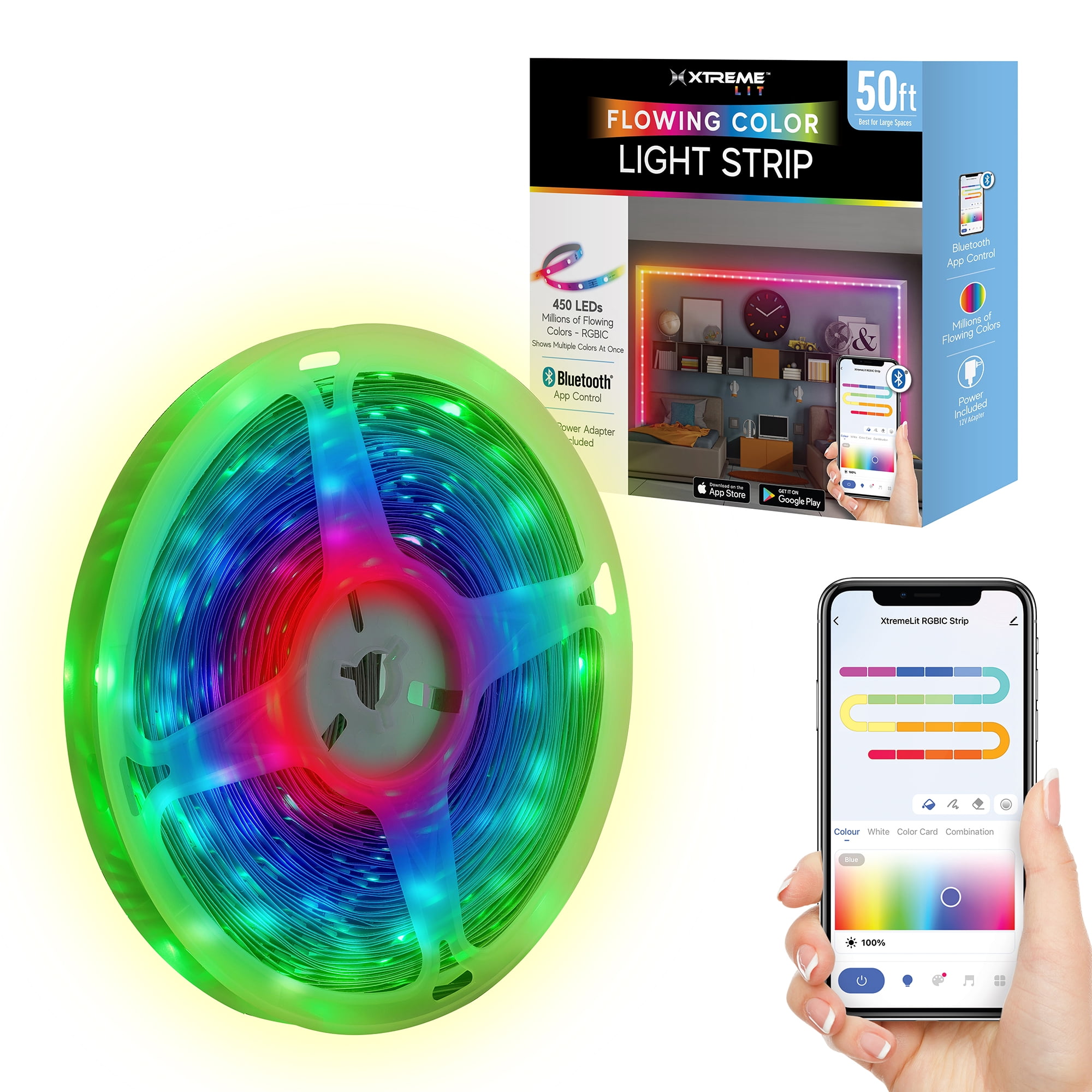 (3 pack) Xtreme Lit 50ft Indoor LED Strip Lights, Multicolor Flow LED Lights for Bedroom, Bluetooth App Control