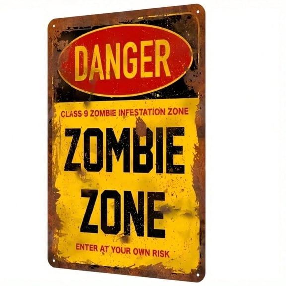 HELLOYOUNG Zombie Zone Metal Tin Sign Vintage Horror Wall Decor 8x12 Inch, Halloween Decor for Home Bar Theater, Retro Metal Art