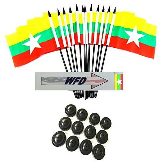 Pack of 12 4"x6" Burma Polyester Miniature Office Desk & Little Table Flags, 1 Dozen 4"x 6" Myanmar Small Mini Handheld Waving Stick Flags with 12 Flag Bases (Flags with Stands)