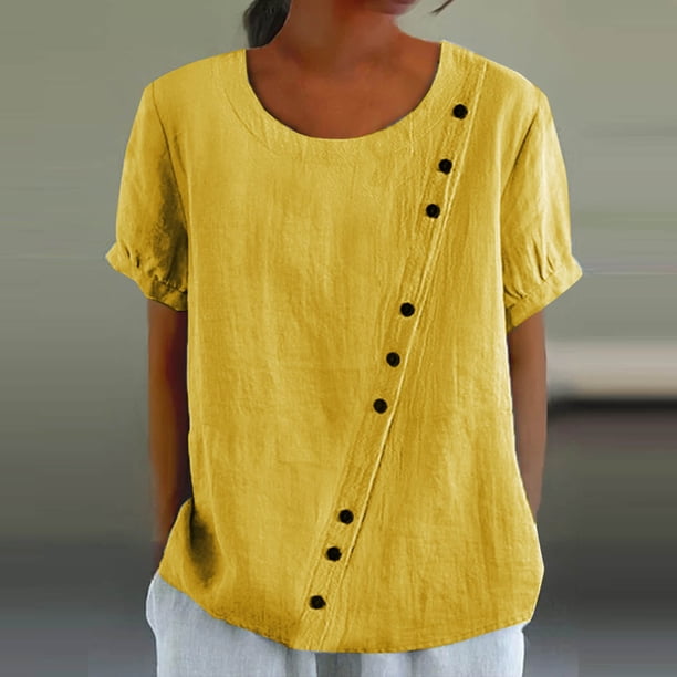 mfyjkho Tops Para Mujer, Blusa De Manga Corta Con Botones Y Cuello Redondo De Color Liso Para Mujer Tops Y Blusas Para Mujer Xxxl