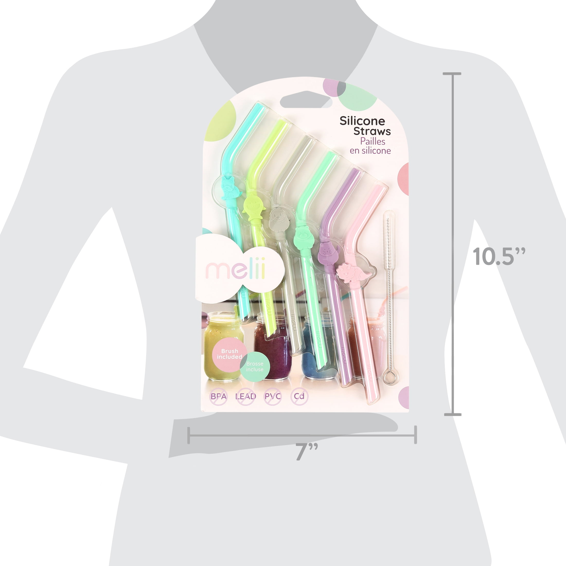 Melii Baby, Silicone Straws 6 Piece Set with Cleaning Brush, Multi-color