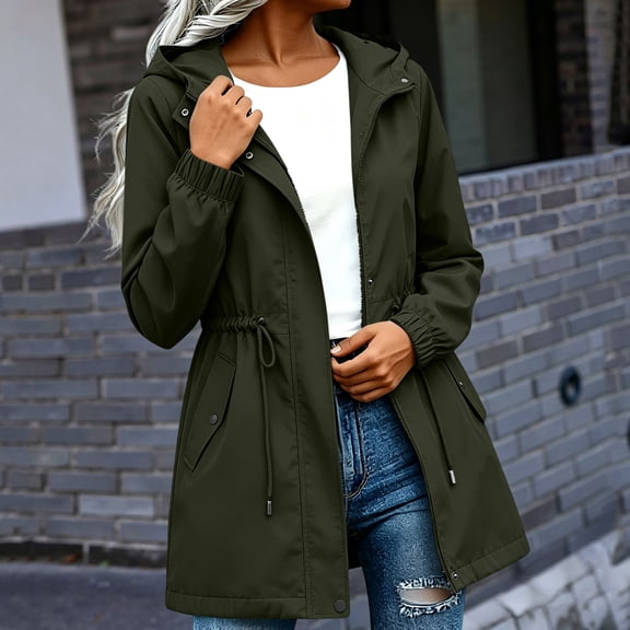 Mifsaly Raincoats for Women with Hood Adjustable Waist Drawstring Water Resistant Rain Jacket Outdoor Casual Commuting Travel Hiking Jackets Army Green,XL