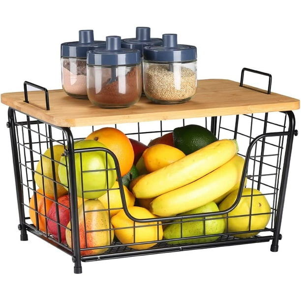 Kitchen Countertop Basket Organizer Produce Storage Basket with Wood
