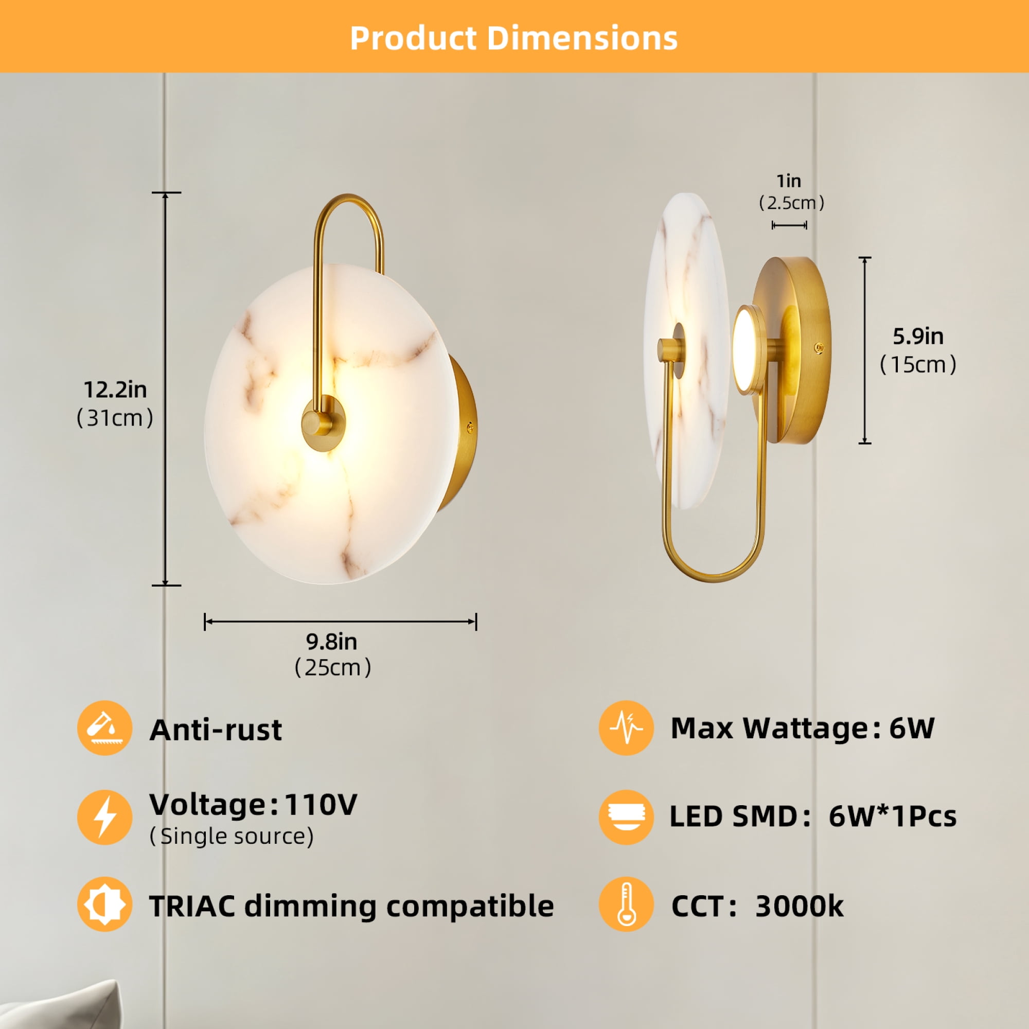 Leumius Round Wall Sconce, Natural Marble Lampshade Wall Sconce, Hardwired Circular Sconce LED Modern Wall Lamp for Bedroom, Stairs, Living Room, Bedside, Hallway