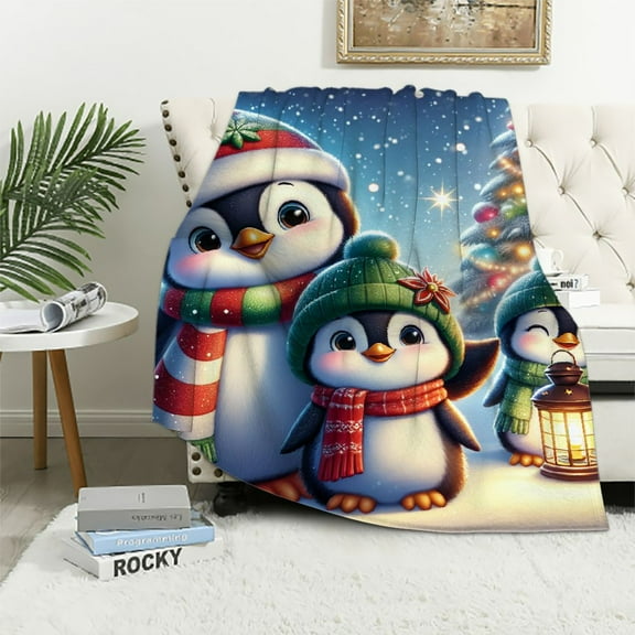 COMIO Christmas Blanket for Bed, Cute Penguin Throw Blanket for Adults - Super Soft Plush Christmas Blanket Throw Plush Blanket for Snow Lovers- Queen Size Blanket